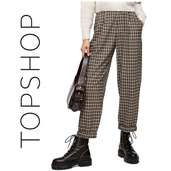 TOPSHOP High Waisted Brown Black Plaid Ankle Trouser Pants | Wide Tapered Leg - Picture 1 of 12